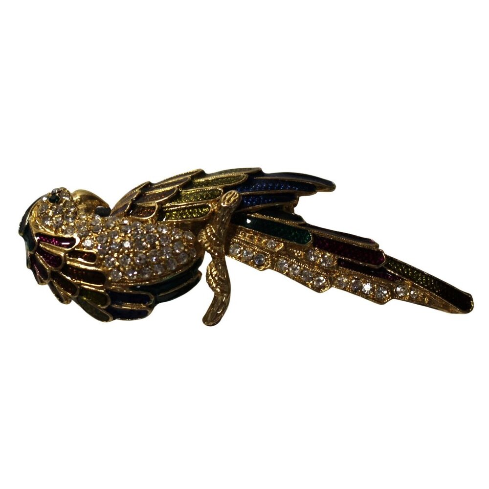 Vintage Gold-Tone Rhinestone Parrot Brooch Pin With Multicolor Enamel Detailing